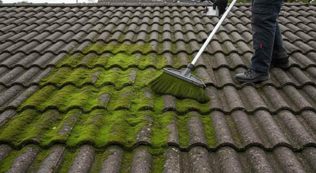 scrubbing green moss from roof
