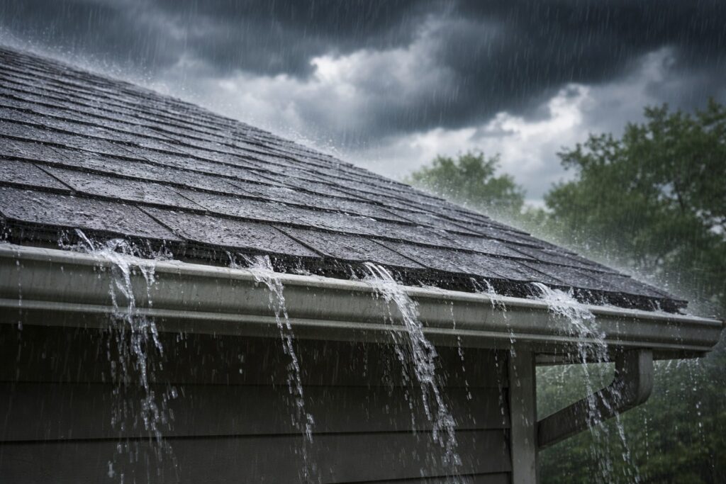 rainfall roof damage caused by heavy rain and moisture exposure on home roof