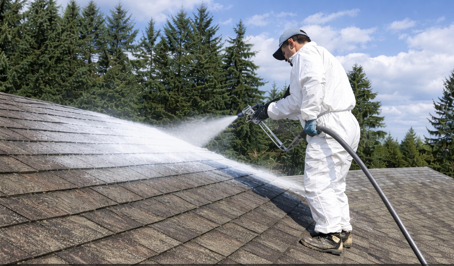 Technician applying roof coating spray