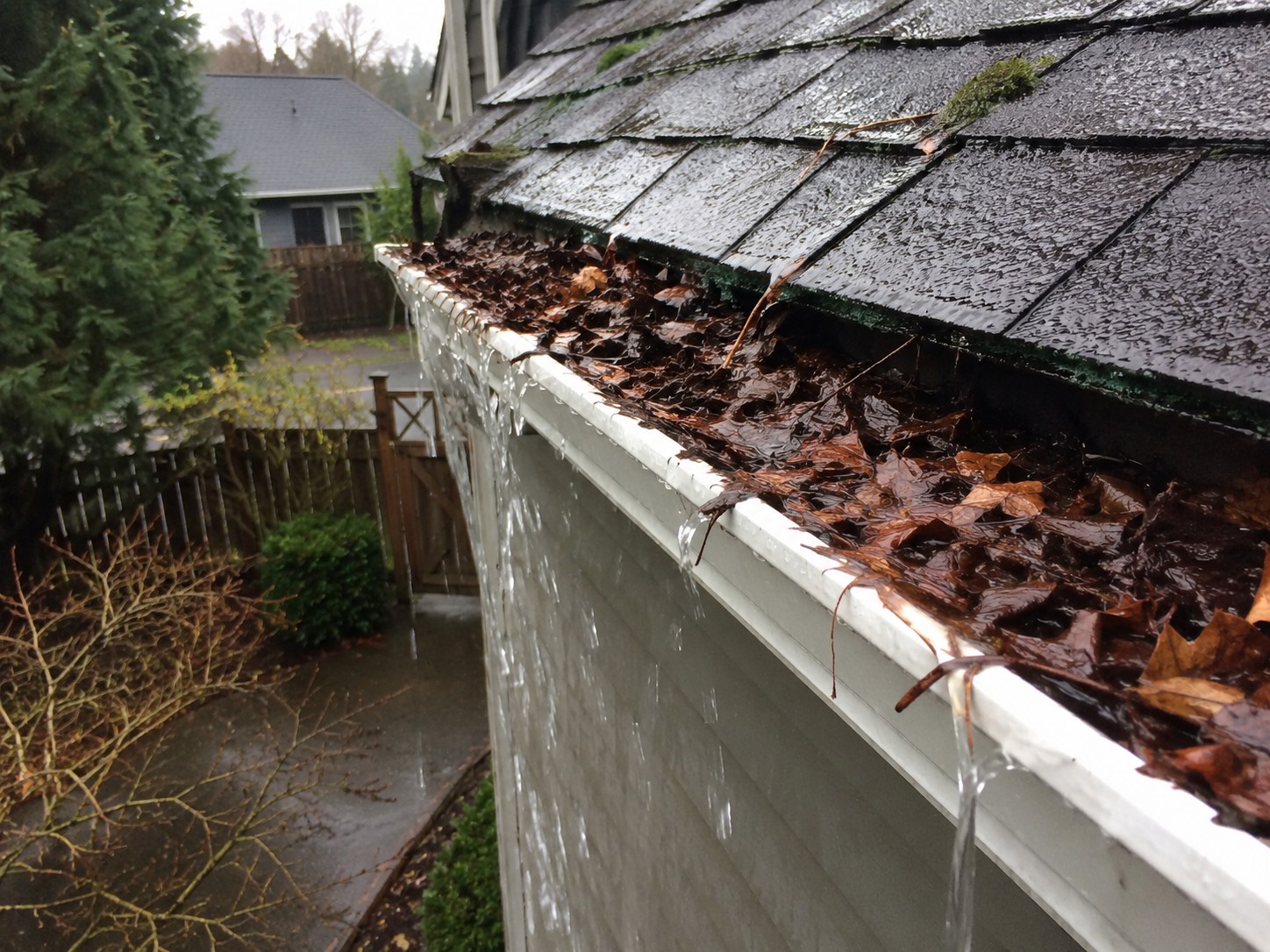 Clogged Gutters roof leaks and debris on a home in Independence, Oregon