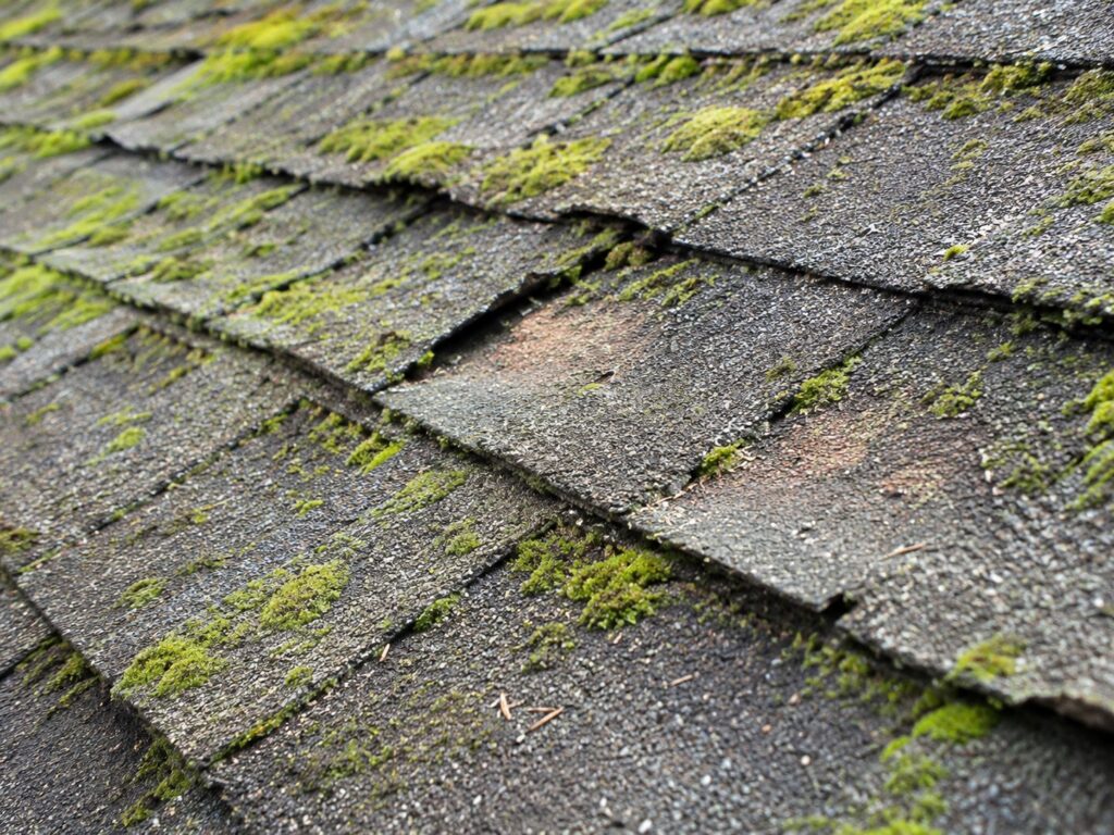 Granule loss and discoloration beneath moss patches
