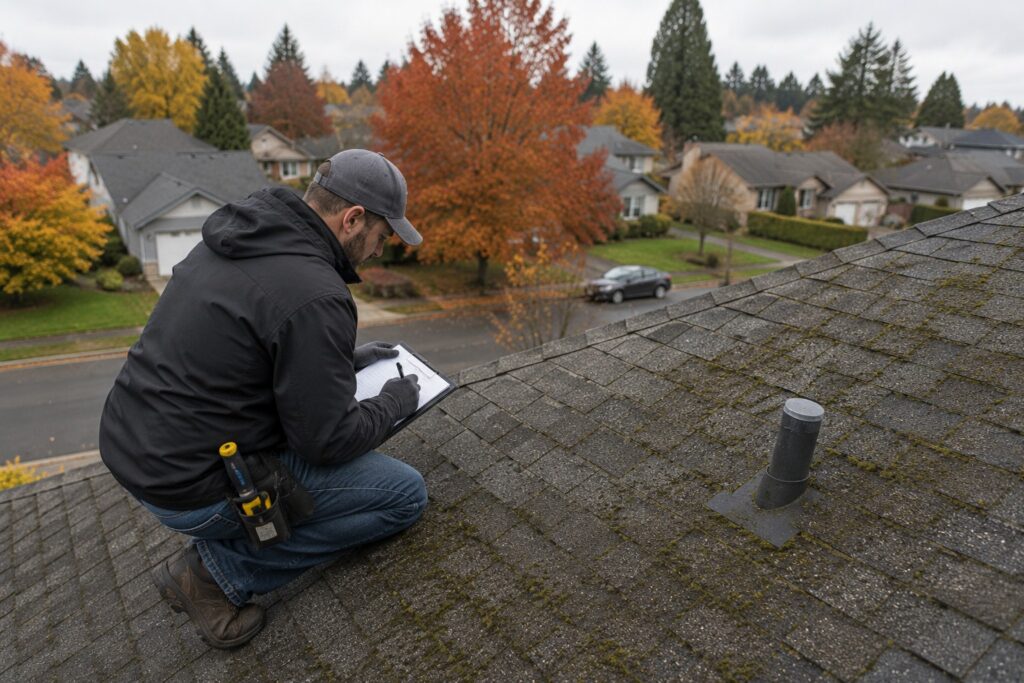 Professional inspector checking the shingle condition