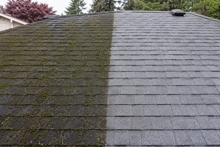 Before and after roof cleaning results on a suburban home in Oregon