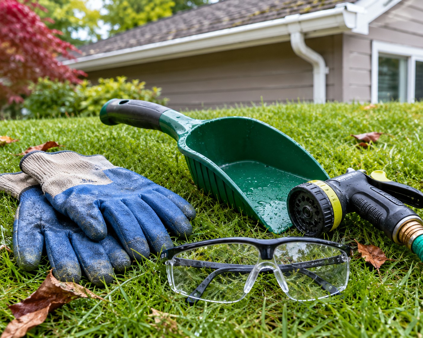 Close-up of gutter cleaning tools laid out on a lawn
